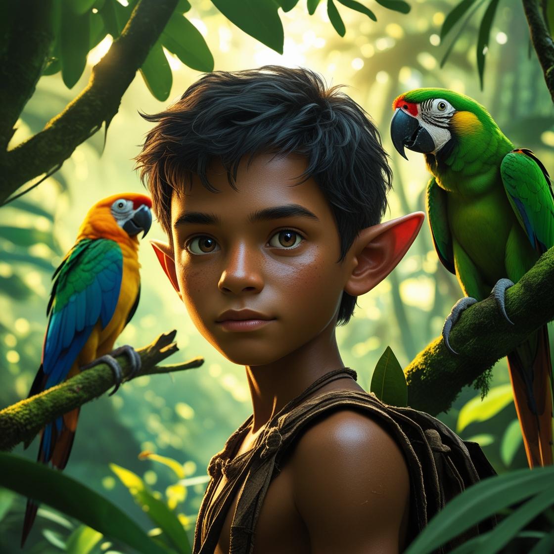 Elf boy from south amercia in rain forest and parrot Mysterieløbet - Mysteriet om Nissernes Stamtræ